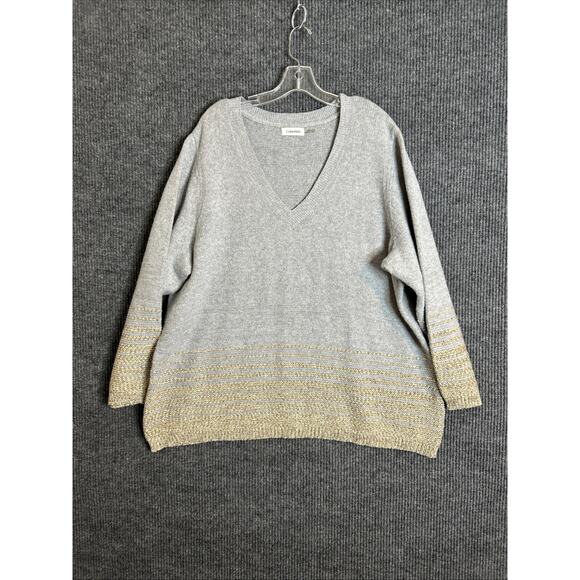 Calvin Klein Womens Pullover Sweater Size 3X Gray Metallic Weave V Neck Knit - Picture 1 of 5
